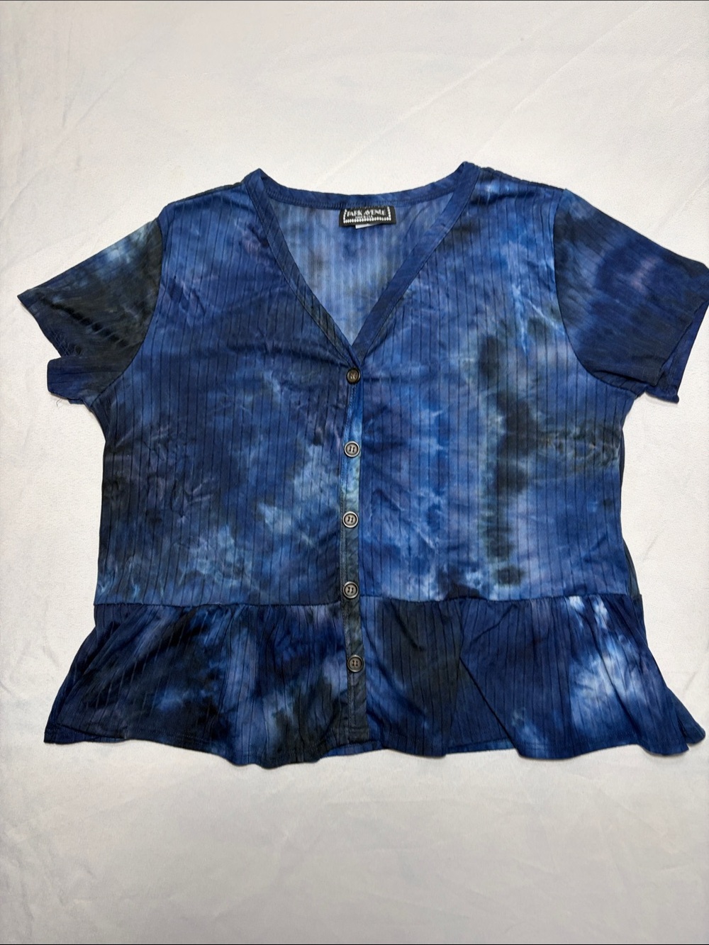 Park Avenue Blue Tie-Dye V-Neck Button Top